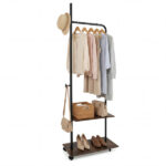 Industrial Rolling Clothing Rack with 2 Wooden Shelves & Hooks, Freestanding Garment Rack for Bedroom Entryway