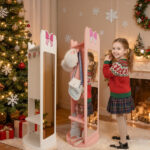 Pink, bow-themed, MDF (medium-density fiberboard) painted finish, 1-door, 1-shelf, rotatable base, children's jewelry mirror cabinet