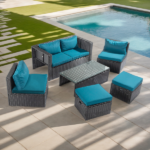 2pcs armless sofa + 2pcs footstool + 1pcs double sofa + 1pcs coffee table with storage black rattan and peacock green cushions, rattan multi-piece set - Image 9