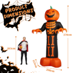 12ft Inflatable Halloween Decor with Skeleton Ribs, Pumpkin & Grim Reaper, 3 LED Lights + 115 Count String Lights, Black & Orange, 12V 2000mA US Power Adapter - Image 3