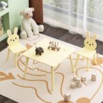 Kids Table and Chair Set with 2 Bunny Chairs, Children's Wooden Activity Table for Toddlers, Cute Animal Design Study Play Set for Playroom, Bedroom, Classroom - Cream Yellow - Image 7
