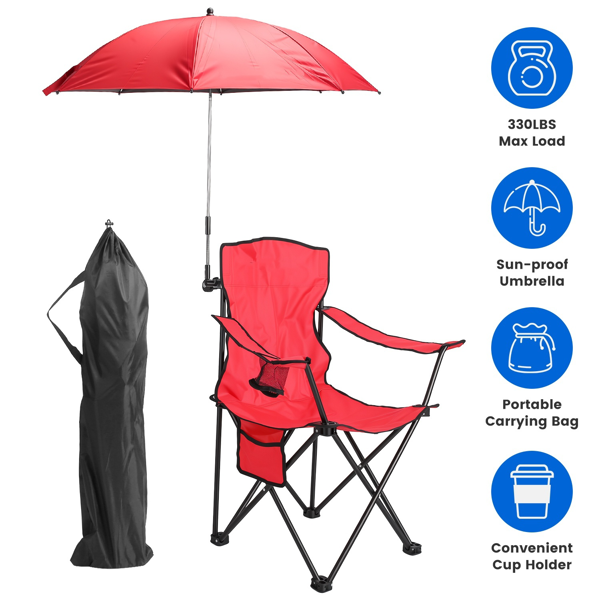Folding Camping Chair with Detachable 8-Rib Sun Umbrella, 42.13 Inch Canopy Aluminum Alloy Portable Lawn Chair Supports 330LBS with Cup Holder