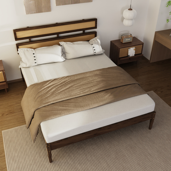 Double rattan woven headboard, Bohemian style, painted finish, pine wood, dark walnut color, Queen size wooden bed
