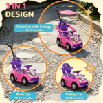 Pink 3 in 1 Kids Push & Sliding Car: with Removable Handle, Music, Horn, Canopy & Safety Guardrail for Toddlers - Image 7