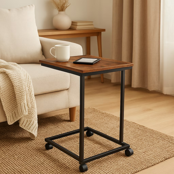 9e5fa727-1281-4d3d-b62c-3a807711b519.png C-Shaped End Table with Wheels for Sofa Side, Bedside & Reading Corner Use, Brown - Image 1