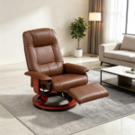 Brown Swivel Recliner Chair PU Leather Reclining Armchair Retractable Footrest Wood Base Adjustable High Back for Small Spaces Living Room RV Bedroom - Image 5