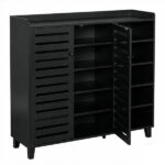 Shoe cabinet with 2 doors, 5 open compartments, and a tabletop with a back panel; made of MDF; 116*35.5*107cm; black - Image 10