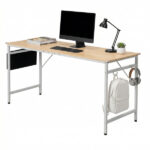Oak-colored SG001FD P2 particleboard + iron pipe 160cm cut-out computer desk with non-woven fabric storage - Image 10