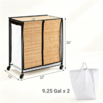Compact Rolling Bamboo Laundry Hamper with Lid, 2 Sorting Compartments Removable Oxford Liner Bags 360° Lockable Wheels Metal Frame Under Counter Clothes Sorter - Natural Black - Image 6
