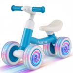 4 Wheel Kids Balance Bike with Light Up Wheels, 3 Level Adjustable Height Toddler Push Bike , No Pedal Gliding Bike with Safety Steering Limit - Blue