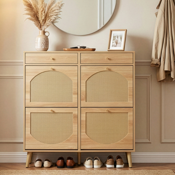 Rattan-front shoe cabinet with 2 drawers and 4 flip-down compartments, made of particleboard, 105*24*110cm, natural wood color