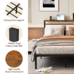 Twin Size Bed Frame with Headboard and Storage Shelf, Metal Bed, Upholstered Wooden Beds, Sturdy Frames for Bedroom Furniture, No Box Spring Needed, Black - Image 9
