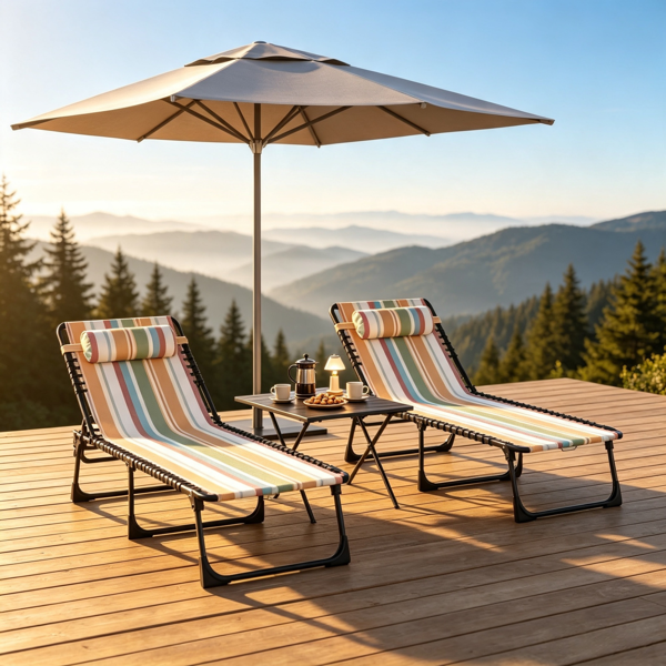 Striped 2 Folding Outdoor Lounge Chairs – for Beach Camping Use, Pillow, Mesh & Bungee Seat