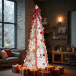 7 FT Fully Decorated Pre-lit Christmas Tree, Pop Up Artificial Xmas Tree with 170 Warm Lights and Red Ornaments for Home Office Store Holiday Deco, White - Image 11