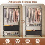 3 Tiered Portable Clothing Rack For Bedroom Entryway Double Hanging Rods Sturdy Iron Garment Rack With Double Height Rods Adjustable Storage Bag Lockable Universal Wheels Easy Assembly - Image 2