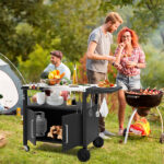 Outdoor Grill Cart with Storage, Rolling Bar Cart Movable Kitchen Island for BBQ, Patio Dining Cart Table for Food Prep with Wheels Hooks Foldable Top - Image 4