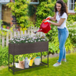 Brown PE Rattan Elevated Planter with Lower Shelf, 101.6×30.48×71.12cm Raised Garden Bed with Drainage - Image 10