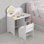 Kids Vanity Table with Mirror and Chair, Wooden Children's Dressing Makeup Desk with Storage Shelves, Study and Activity Table for Girls and Boys, Playroom Bedroom Furniture - White - Image 18