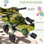 5-In-1 Foldable Toddler Tricycle, Adjustable Handlebar & Ergonomic Seat with Removable Pedals - Green - Image 9