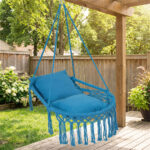 Navy Boho Macrame Hanging Swing Chair with 2 Padded Cushions, 330LBS Capacity Hammock Chair for Indoor Outdoor Bedroom Patio Balcony - Image 10