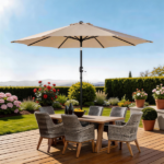 9ft Patio Umbrella, Outdoor Market Umbrella with Push Button Tilt, Crank Handle, 6 Sturdy Iron Ribs, UPF 50+ Waterproof Solution-Dyed Polyester Canopy, for Garden, Deck, Backyard, Poolside, Beige - Image 26