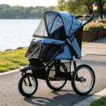 Blue 3-Wheel Pet Stroller – for Small & Medium Dogs, Adjustable Canopy, Safety Tether, Storage Basket