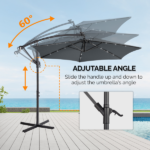 10FT Round Banana Hanging Patio Umbrella with 18 LED Lights, 6 Iron Ribs, Iron Straight & Curved Pole, Waterproof Polyester Canopy, with Stand Sleeve and Cross Base, Gray - Image 23