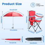 Folding Camping Chair with Detachable 8-Rib Sun Umbrella, 42.13 Inch Canopy Aluminum Alloy Portable Lawn Chair Supports 330LBS with Cup Holder - Image 10
