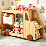 4-in-1 Kids Toy Storage Organizer with Rolling Wheels, Car Shape Wooden Bookshelf with Fabric Drawer for Playroom Nursery, Age 3+ Natural - Image 9