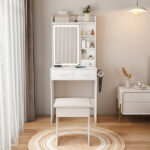 Small Makeup Vanity Desk with Mirror & Adjustable LED Lights,Built-in Power Outlet & Hidden Storage, Includes padded stool & Shelf,Space-Saving Dressing Table for Small Bedrooms,White - Image 6