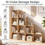 Natural Stepped 10-Cube Open Bookshelf 4-Tier Engineered Wood Storage Display Rack with Anti-Tipping Kits, Freestanding Book Organizer for Living Room Bedroom Hallway Office - Image 7