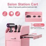 Hair Salon Storage Cart with Wheels & 3 Hair Dryer Holders & 4 Drawers & Lock & 2 Keys, Hairdressing Tools Station Mobile Makeup Case pink - Image 4
