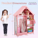 Pink and white star-printed MDF, spray-painted, 1 mirror, 3-tier shelf, 1 clothes rod, children's wardrobe - Image 4