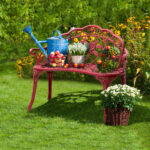 Outdoor Cast Aluminum Patio Bench, Porch Bench Chair with Curved Legs Rose Pattern, Red - Image 4