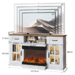 58 Inch Black Gold Oak Fireplace TV Stand with 25 Inch Insert, 2 Doors 2 Drawers & Glass Shelves, Media Console 147.4 x 45 x 80 cm - Image 3