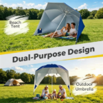 2-in-1 Portable Beach Umbrella with Side Panels UPF 50+ Silver Coated Oxford Cloth, Wind Resistant Vented Canopy with Sand Anchor Stakes Wind Ropes - Blue - Image 3