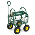Heavy Duty Garden Hose Reel Cart with 10" Pneumatic Wheels, Large Capacity Hose Winder with Storage Basket & Brass Fittings -Green - Image 5