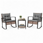 3-Piece Outdoor PE Rattan Rocking Chair Conversation Set with 2-Tier Glass Coffee Table, Heavy Duty Metal Frame Patio Rockers with Zipper Removable Gray Cushions & Back Pillows Mixed Brown Wicker for Backyard Porch Poolside