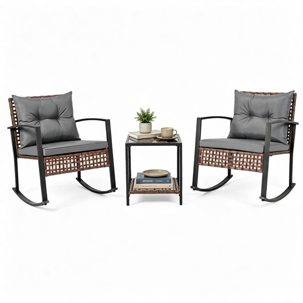 3-Piece Outdoor PE Rattan Rocking Chair Conversation Set with 2-Tier Glass Coffee Table, Heavy Duty Metal Frame Patio Rockers with Zipper Removable Gray Cushions & Back Pillows Mixed Brown Wicker for Backyard Porch Poolside