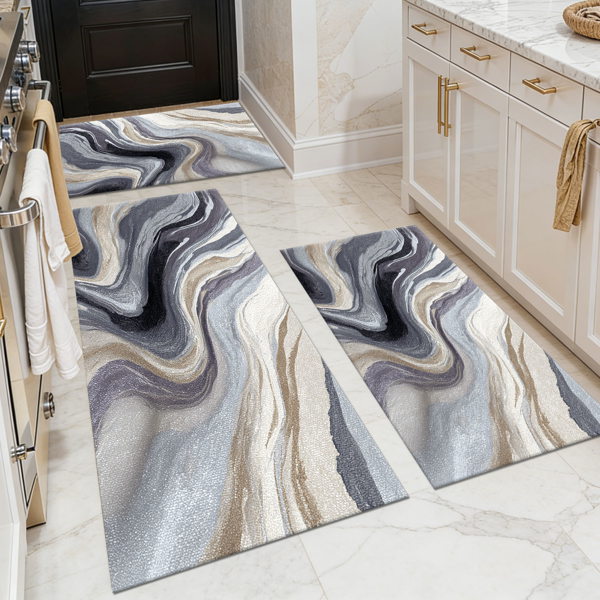 a1260175-6f56-48df-89e0-97ff55893853.png Three-piece kitchen rug set, non-slip and washable, abstract pattern kitchen hallway rug, soft and comfortable, suitable for sinks, floors, entrances, hallways and bathrooms. - Image 1