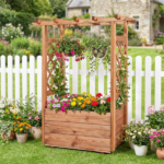 Natural Pine Wood Raised Garden Bed with Trellis & Hanging Roof, Elevated Wooden Planter Box with Drainage- Orange - Image 2