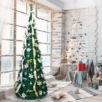 7 FT Fully Decorated Pre-lit Christmas Tree, Pop Up Artificial Xmas Tree with 200 Warm Lights Remote Control and Godlen & Silver Ornaments for Home Office Store Holiday Deco - Image 8