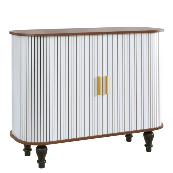 39" Fluted Liquor & Coffee Bar Cabinet with 6 Wine Racks and 3 Glass Holders, Mid-Century Modern Bar Cabinet with A Large Storage Drawer ,4 Hidden Storage Space on the Side , White