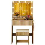 Oak-colored particleboard with a textured melamine veneer, 1 drawer with 3 compartments, dressing table set, includes 8 tri-color dimmer light bulbs, power strip, grille series - Image 2