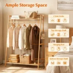 Natural Bamboo Clothing Rack, Multi-Layer Garment Organizer with Top & Bottom Storage Shelves, Side Hooks Hanging Rod, Stable A-Shape Structure Anti-Toppling Device 88LBS Capacity Freestanding Storage Rack for Bedroom Entryway - Image 10
