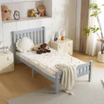 Twin Single-Layer Wooden Bed Vertical Decorative Strips Curved Headboard and Footboard Bed Frame Painted Pine Bed Frame 79.33*42.52*38.98in Grey - Image 11