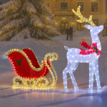 5ft Lighted Christmas Reindeer & Sleigh Outdoor Yard Decoration Set with LED Lights, Red & White - Image 2