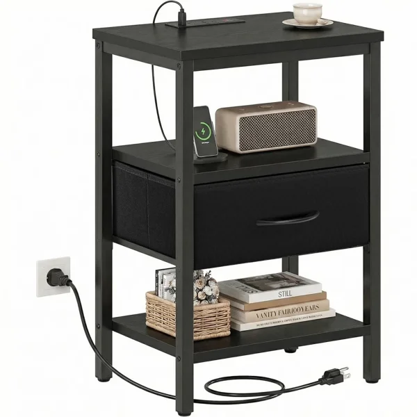 Bedside Table Charging Station Nightstand with USB/C Ports, Adjustable Drawers, 3-Tier Storage Shelf (Shipment from Walmart)