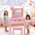 Pink MDF + solid wood legs, spray paint + silkscreen printing, cow pattern, 1-drawer children's dressing table set, LED three-color backlit touch switch - Image 11