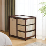 Brown painted pine wood frame children's bed with removable top, 87*53*87.5cm, includes 3 fabric drawers and 1 fabric bag, and a changing table - Image 31